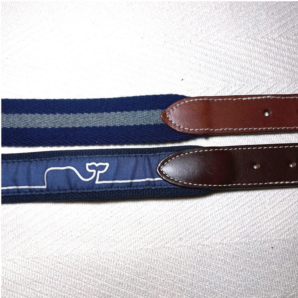 Set of 2 Vineyard Vines Mens Canvas Leather Belts Whale Striped Navy Blue 34